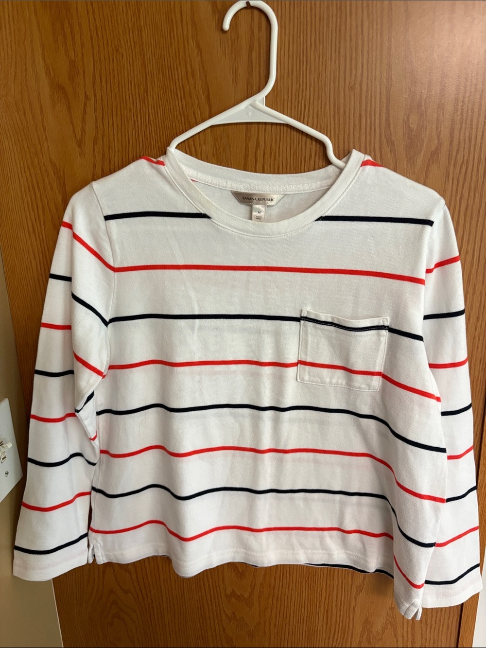 Banana Republic White Long-Sleeve Crop Top with Red and Navy Stripes